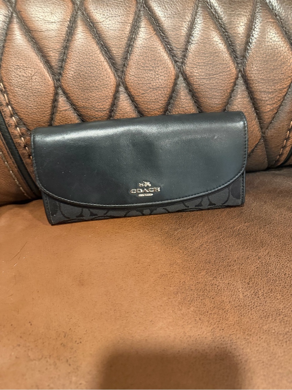 Coach Black Signature Continental Wallet with Smooth Leather Flap